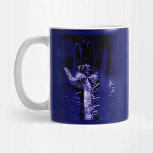 Digital collage and special processing. Hand full of spikes. Cursed. Blue. Mug